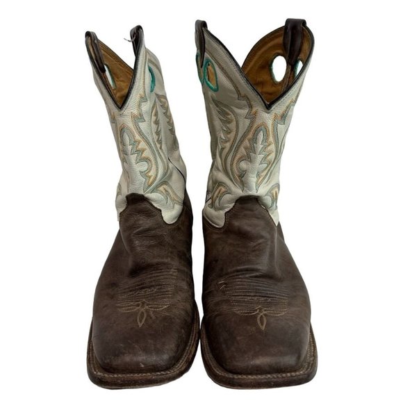 JUSTIN Bent Rail Boots BR313 Brown White w Turquoise Western Square Toe Mens 11 - Picture 4 of 14